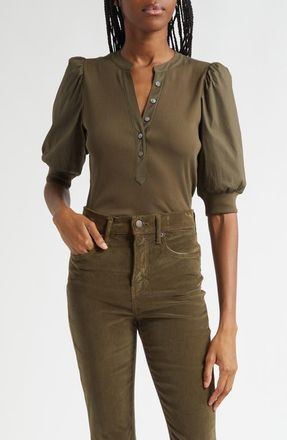 Veronica Beard Coralee Puff Sleeve Mixed Media Henley Top in Cypress at Nordstrom, Size X-Large