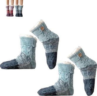 Generic Knitted Ultra-thick Slipper Home Socks, Ultra-Thick Cashmere Slipper Home Socks, with Grips, Warm Comfort for Women (2pcs blue)