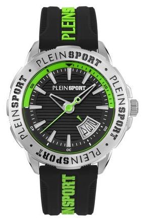 Plein Sport Rampage Silicone Strap Watch, 44mm in Black/Green/Steel at Nordstrom Rack