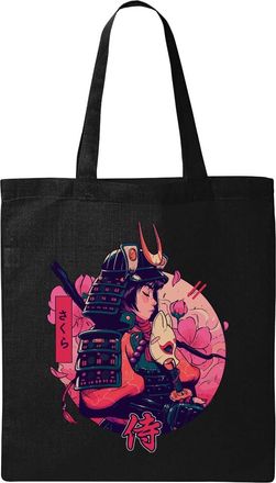Generic Cute Japanese Samurai Cherry Tree Girl Natural Ecological Cotton Tote Bag Black