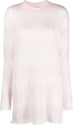 Rus Trui met ruitpatroon en lange lengte - Dames - Ronde hals truien - Roze - M - Wol - Truien & Vesten