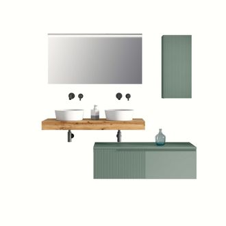 Aquadesign Mueble de ba&ntilde;o de 7 piezas en melamina roble/verde salvia