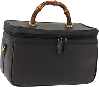 Gucci Vintage Bamboo Vanity Case Leather Navy Leather Handbag (Pre-Owned)