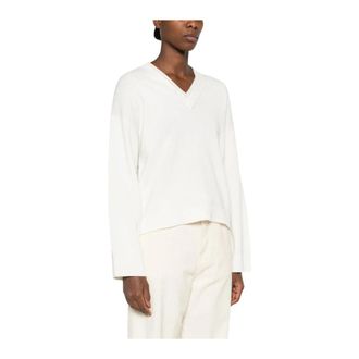 Fabiana Filippi Trui met V-hals van Kasjmiermix met Versierde Rand - Dames - Cashmere truien - Wit - M - Kasjmier - Truien & Vesten