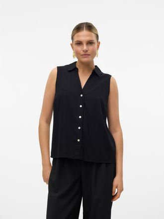 Vero Moda Blusentop VERO MODA VMMYMILO SL V-NECK SHIRT WVN GA, Damen, Gr. L, schwarz, Web, Obermaterial: 55% Viskose, 45% Leinen, unifarben, regular fit normal,