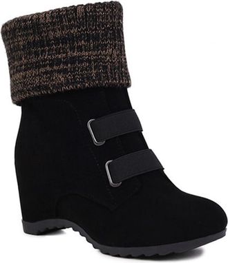 Generic Womens Elastic Wide Calf Ankle Boots Round Toe Hidden Wedge Heels Dressy Pumps Winter Warm Plush Shoes (Black,7.5)