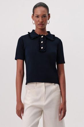 Exquise Parker Ruffle Collar Short Sleeve Knit Blouse in Navy at Nordstrom, Size Medium