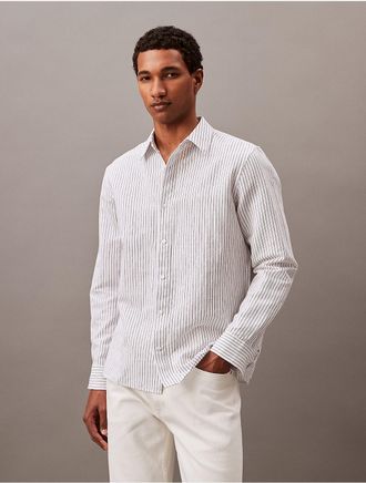 Calvin Klein Mens Striped Linen Blend Classic Button-Down Shirt - White - XS