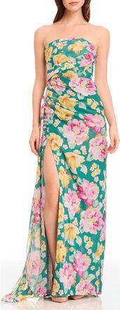 Dress The Population Lulu Metallic Floral Strapless Gown in Pine Multi at Nordstrom, Size Xx-Small