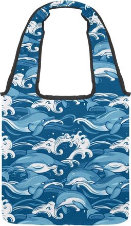 Generic Blue Wave Cute Dolphin Pattern Reversible Canvas Shoulder Tote - Double-Sided Print, 12oz Cotton, 27cm Drop, Fold-Flat Bag for Travel, Shopping, Stree