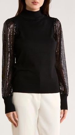 T Tahari Sequin Sleeve Mixed Media Sweater in Black at Nordstrom Rack, Size X-Small