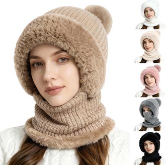 Generic 3 in 1 Beanie Hat for Women All in One Hat and Scarf Winter Warm Knitted Cap with Neck Warmer Balaclava Hats Scarf Mask for Outdoor Skiing Hiking Wint