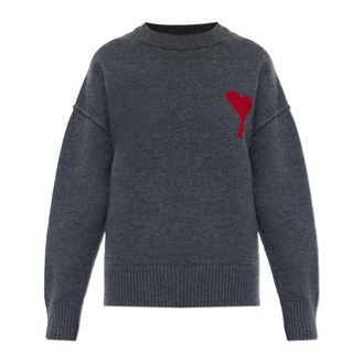 Ami Round-neck Knitwear, female, Gray, Size: 2XS Wool Sweater