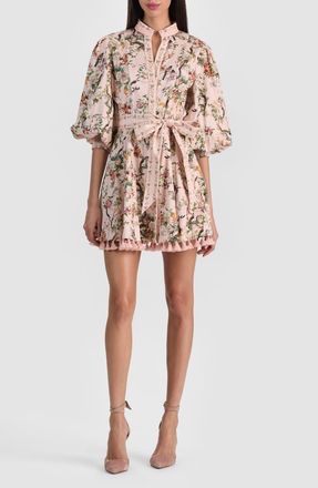 Alice & Olivia Lucy Floral Print Tie Waist Minidress in Sunset Grove English Rose at Nordstrom, Size 12