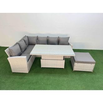 Fimous Fimous 7 Seat Rattan Outdoor Garden Furniture Corner Sofa Set Adjustable Lifting Dining or Coffee Table Set with Armchair Big Footstool Light Grey