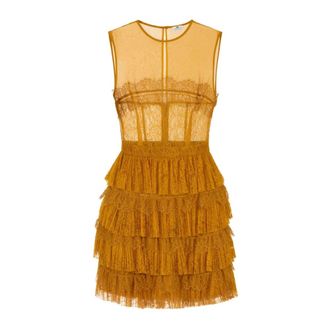 Elisabetta Franchi Vestido Corto en Crep&eacute; y Encaje Floral - Dresses - Mujer - Amarillo - XS