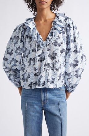 Ulla Johnson Siena Abstract Print Ruffle Collar Top in Ciel at Nordstrom, Size 10