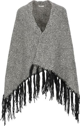 PESERICO Textured Grey Cape With Lurex Motif And Fringed Hem