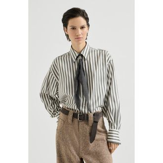 Brunello Cucinelli Striped silk poplin shirt with virgin wool foulard in Green at Nordstrom, Size Xx-Small