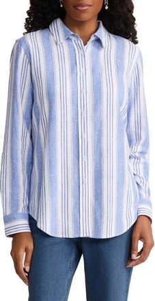 Jones New York Oversize Linen Blend Button-Up Shirt in Natural White/Light Sapphire at Nordstrom, Size X-Small