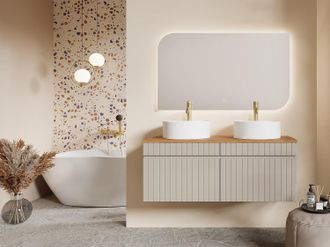 Vente-Unique Mobile bagno sospeso scanalato beige con lavabo da appoggio rotondo 120 cm - SATARA
