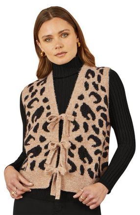Yumi Knitted Cheetah Print Tie Waistcoat in Beige at Nordstrom, Size Medium