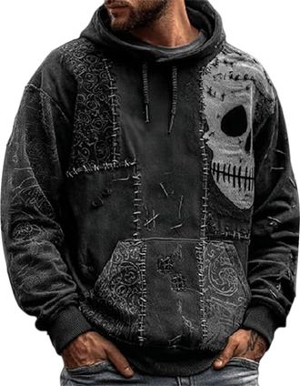 Generic Halloween Hoodies for Men Spooky Skeleton Face Patchwork Sweater Soft Stitched Pullover Hoody Sweatshirt Holiday Costumes, Black, 4XL