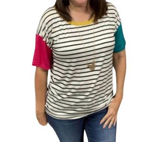 Bibi Womens Striped Tee Top In Fuchsia/teal/mustard