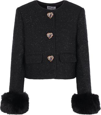 Self Portrait Cropped Metallic Boucl&eacute; Faux Fur Cuff Jacket