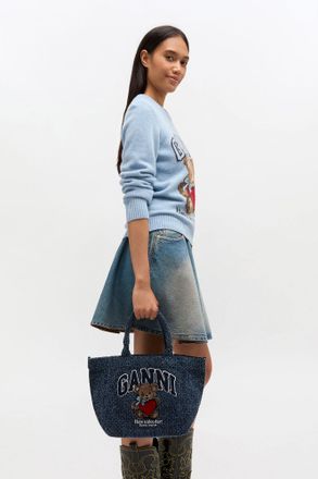 Ganni Navy Tweed Denim Small Bear Tote