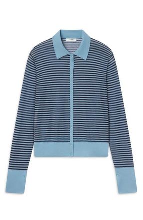 Frame Denim The Collared Stripe Cottpn Blend Cardigan in Powder Blue Multi at Nordstrom, Size X-Small