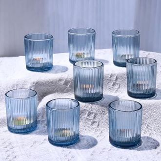 OEM Juego De 12 Portavelas De Vidrio Azul Acanalado, Ideal Para Decoraci&oacute;n De Mesas, Bodas Y Fiestas (5,5 Cm De Ancho X 6,5 Cm De Alto)