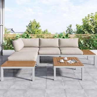 C&A Outdoor Patio&Backyard Lounge Set for 4: Stylish L-Shaped Sofa with Wooden Table,Beige,Space-Saving Design