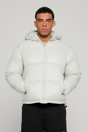 Urban Classics Mens Light Grey Shiny Padded Puffer Hooded Zip Jacket - Size X-Large