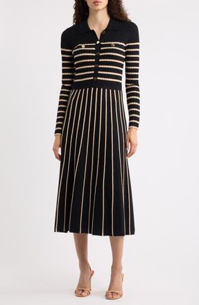 Elie Tahari The Elodie Long Sleeve Rib Maxi Dress in Noir/vicuna Stripe at Nordstrom, Size X-Small