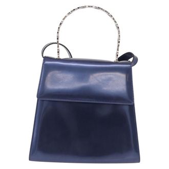 Ferragamo Gancini Envelope Top Handle Leather Navy Patent_Leather Handbag (Pre-Owned)