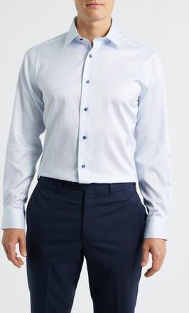 David Donahue Trim Fit Geometric Print Dress Shirt in White/Blue at Nordstrom, Size 17.5 - 34