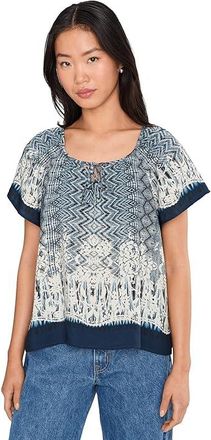 Liverpool L.A. Short Sleeve Woven Top With Front Tie Detail Womens Clothing Nomad Ikat Print : LG, Viscose