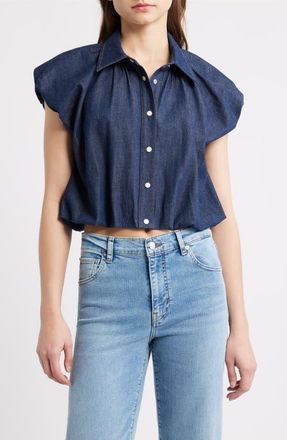 Frame Denim The Shell Denim Puff Sleeve Crop Top in Puzzle at Nordstrom, Size X-Large