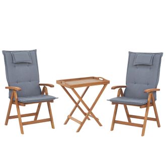 Beliani Conjunto De Comedor De Balc&oacute;n En Madera De Acacia Oscura Con Sillas Ajustables Plegables Cojines Azules Java