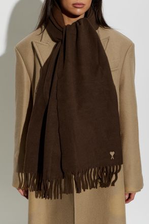 Ami Wool Scarf With Logo, Unisex, Brown