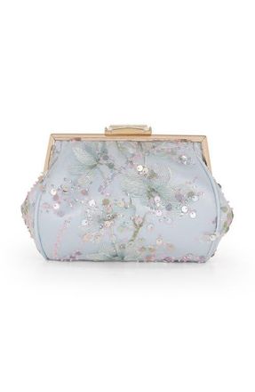 Badgley Mischka Iris Floral Embroidered and Sequin Signature Pouch Clutch in Blue at Nordstrom, Size Small