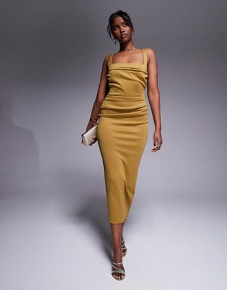 Asos curved neckline midi dress with split in bronze in scuba-style fabric-Copper