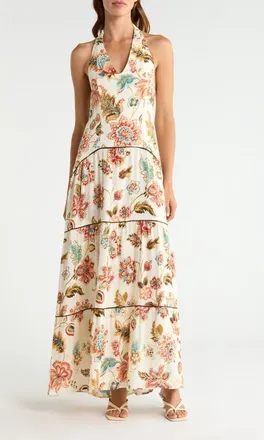 CeCe by Cynthia Steffe Floral Halter Neck Tiered Drop Waist Maxi Dress in Lush Green at Nordstrom, Size Xx-Small