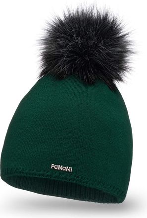PaMaMi Winter Womens Warm Winter Hat with Faux Fur Bobble - Slouch Beanie Women - Bobble Hat for Women - Fleece Lined Womens Hat, Bottle Green, One Size Fits