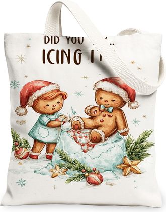 Generic Christmas Gingerbread Canvas Tote Bags, Holiday Biscuits Pattern Reusable Bags, Winter Cute Vintage Lightweight Washable Ca, White, 13x15 Inch