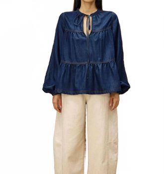 FRNCH Cixous Babydoll Blouse In Dark Wash Denim