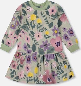 Deux par Deux Stretch Fleece Dress in Sage Floral at Nordstrom, Size 24M