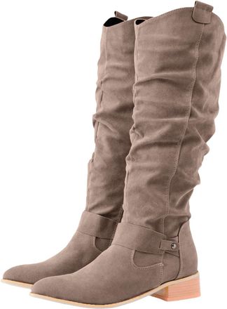 Generic Knee High Boots Women Suede Wide Calf Western Cowgirl Boots Side Zipper Retro Chunky Low Heel Booties Round Toe Outdoor Shoes (Gray,3.5)