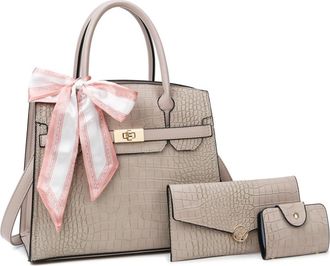 Generic Women Top Handle Crossbody Bag Crocodile Pattern Leather Purse Handbag Ladies Satchel Totes with Clutch 3PCS Set (Khaki)